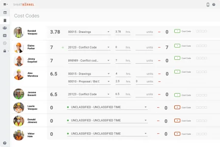 SmartBarrel time tracking software dashboard allows for easy cost code assignments