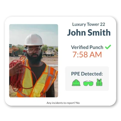 A construction worker's post-clock-in time card showing that his PPE was detected using the time tracking biometric facial verification.